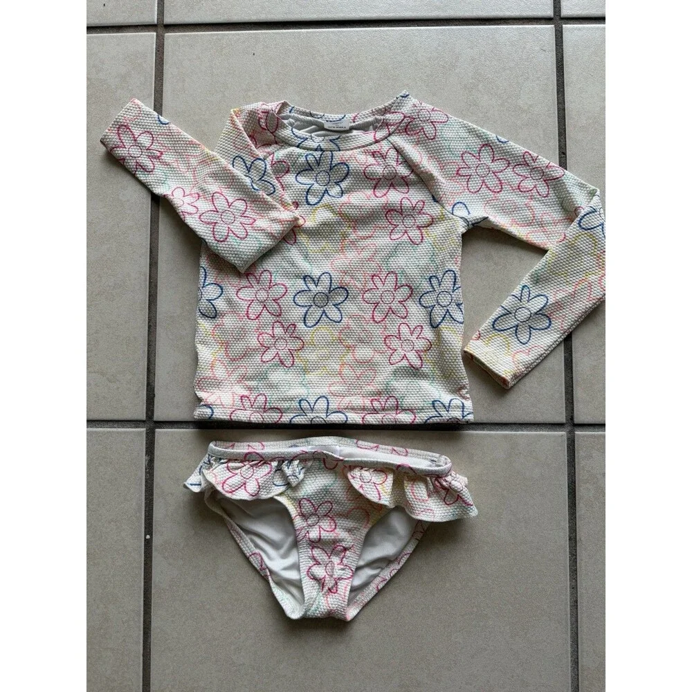 Old Navy Girls 4T 2-Piece Floral Long Sleeve Swim Shirt Bikini Set Ruffle